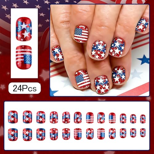 American Flag Press On Nails Patriotic Short Fake Nails Red White Blue