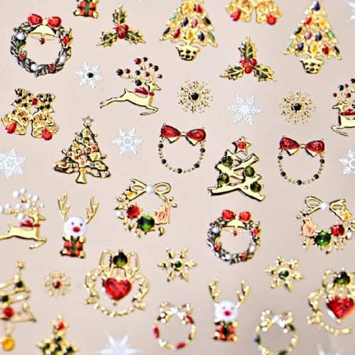 5D Embossed Christmas Nail Stickers Gold Decals Self-Adhesive Winter Xmas