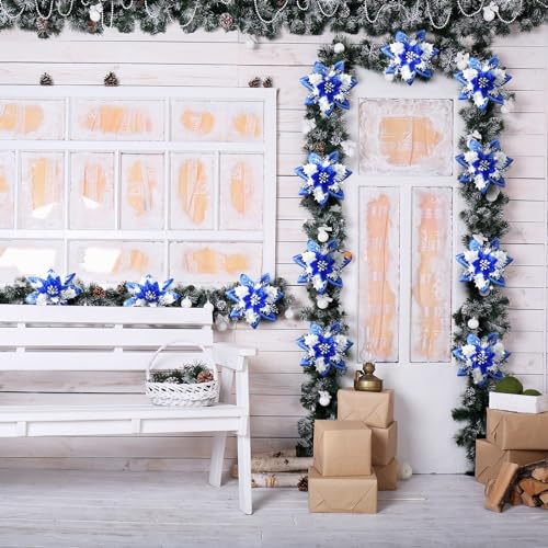 108 Pieces Christmas Glitter Poinsettia Flowers with Clips & Stems - Navy Blue