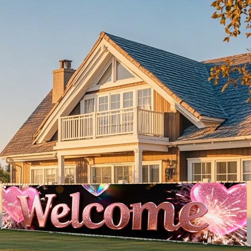 Welcome Home Banner with Pink Glitter Heart - 78.7" x 17.7" Polyester
