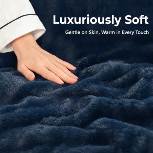 Navy Blue Flannel & Faux Fur Heated Blanket Full Size Machine Washable
