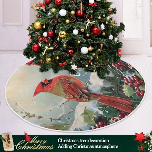 Large 48-Inch Christmas Tree Skirt with Red Cardinals - ZOEO