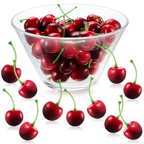 Skylety 50 Pieces Dark Red Fake Cherries for Decoration
