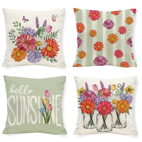 Vibrant Daisies Throw Pillow Covers Set of 4 - 18x18 Inch Floral Decor