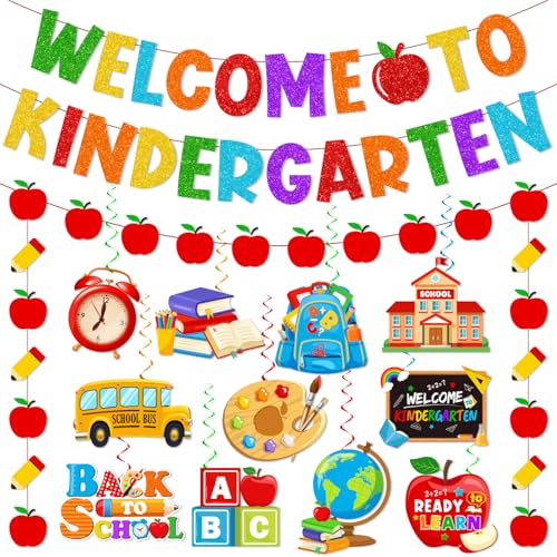 Back to School Kindergarten Decorations Kit with Banner & Hanging Swirls