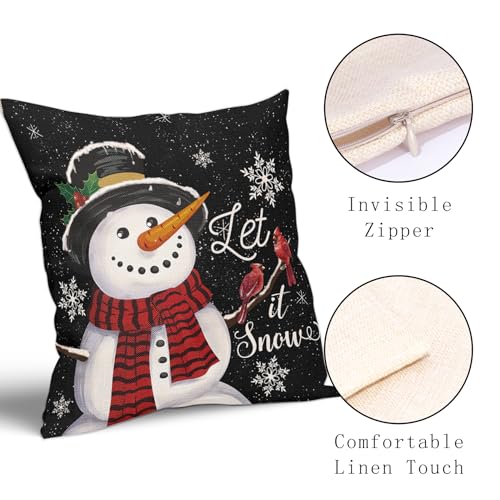 Christmas Black Pillow Covers 18x18 Inch Snowman Snowflake Set of 2 - Holiday Home Decor