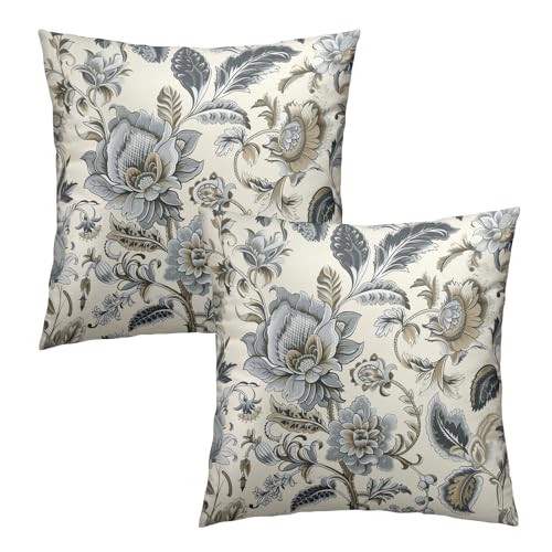 Chinoiserie Gray Floral Throw Pillow Covers 18x18 Inches - Set of 2