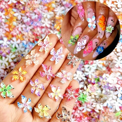 Quezadyl 100PCS 3D Hibiscus Flower Nail Art Charms Colorful Floral Resin Gems