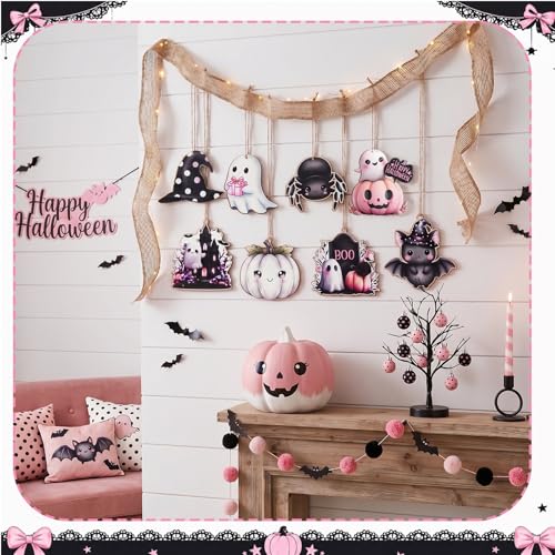 8 Pcs Pink Halloween Wooden Ornaments - Spooky Cute Decor