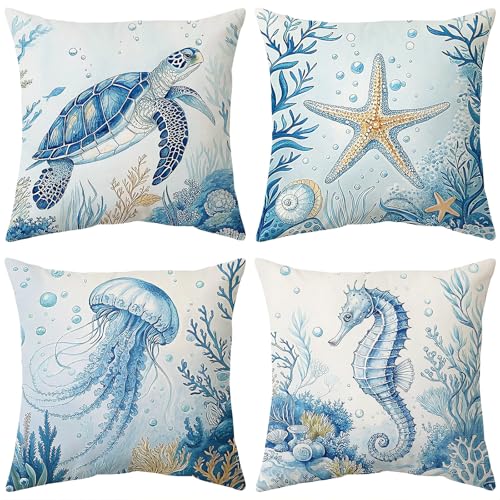 Coastal Throw Pillow Covers 18x18 Blue Marine Life Set of 4 Nautical Velvet