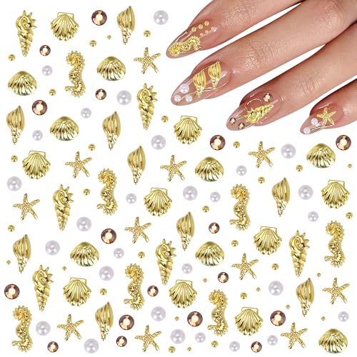 Gold Seashell & Starfish Nail Charms - 3D Ocean Alloy Decor for Summer Manicure