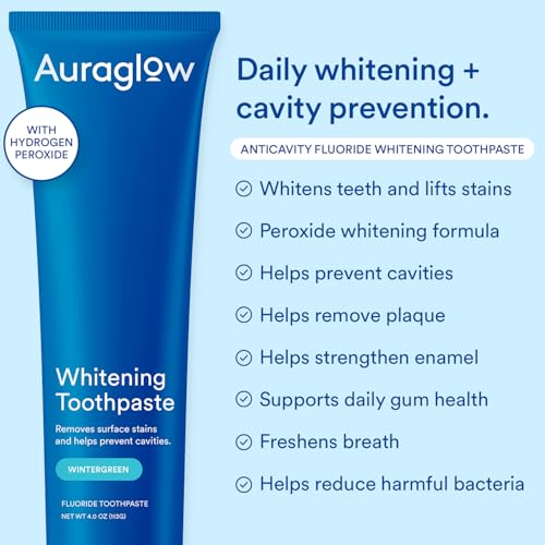 AuraGlow Hydrogen Peroxide Whitening Toothpaste with Fluoride, 4 oz