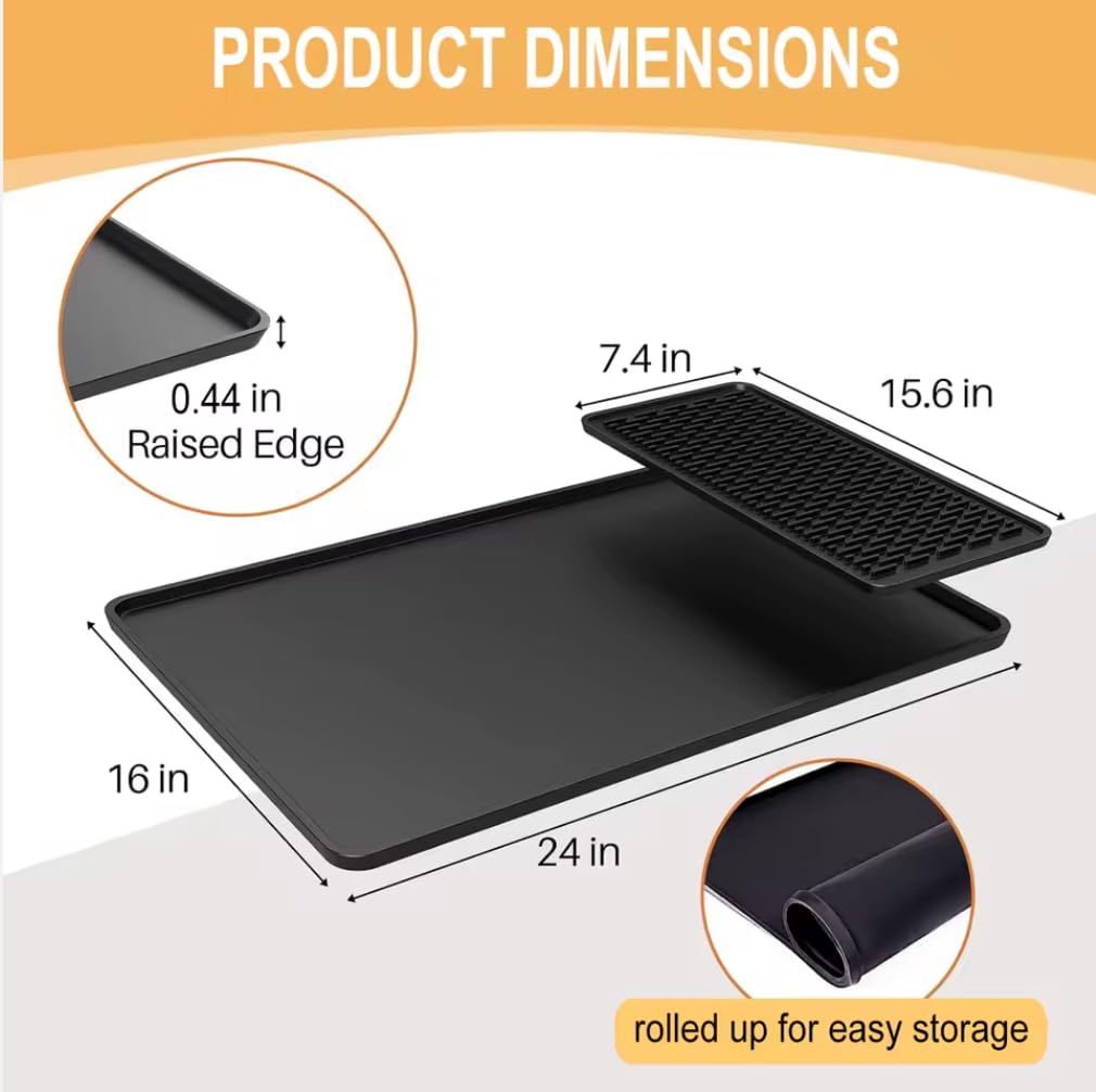 Silicone Coffee Mat 24x16 with Detachable Drying Tray - Waterproof, Dishwasher Safe, BPA Free, Non-Slip Heat Resistant Countertop Protector for Coffee Maker & Bar, Black