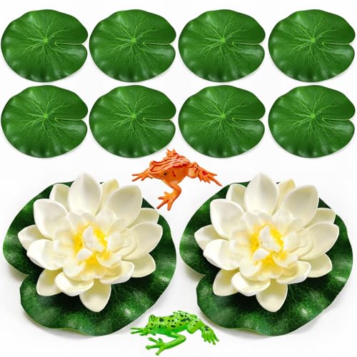 12-Piece Artificial Floating Lily Pads Set with Lotus Flowers and Frogs