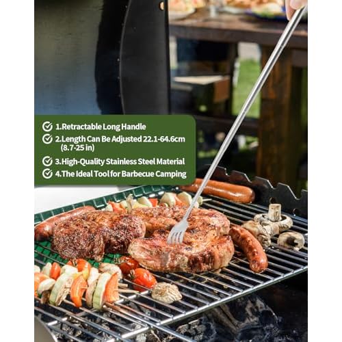 2 PCS Extendable Fork Spoon Set, Telescopic Stainless Steel Fork Spoon, Extendable 25.3 In, BBQ Dinner Fruit Dessert, Camping Flatware