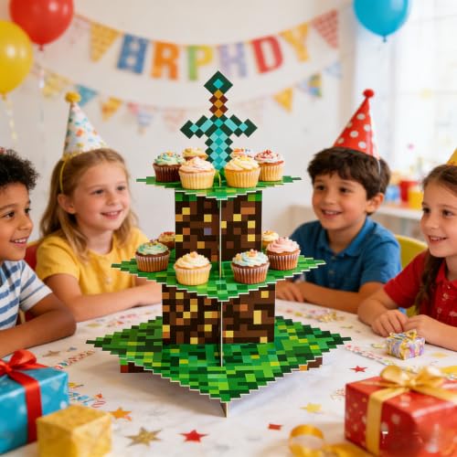 3-Tier Pixel Art Cupcake Stand for Retro Gaming & Anime Parties