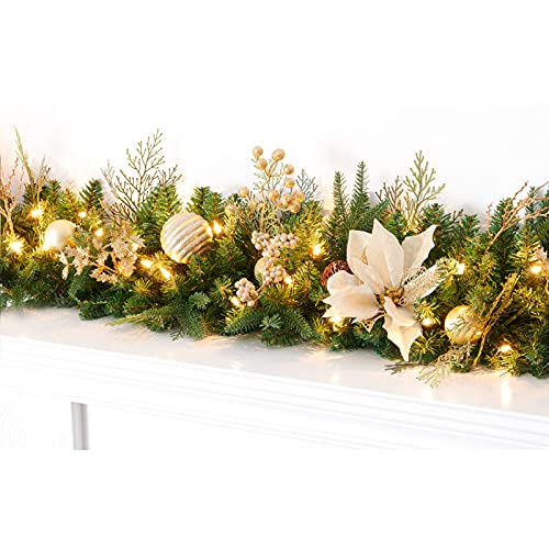 Pre-lit 9ft Christmas Garland with Gold Berries & Balls, Battery Operated - Gold / Christmas Decor