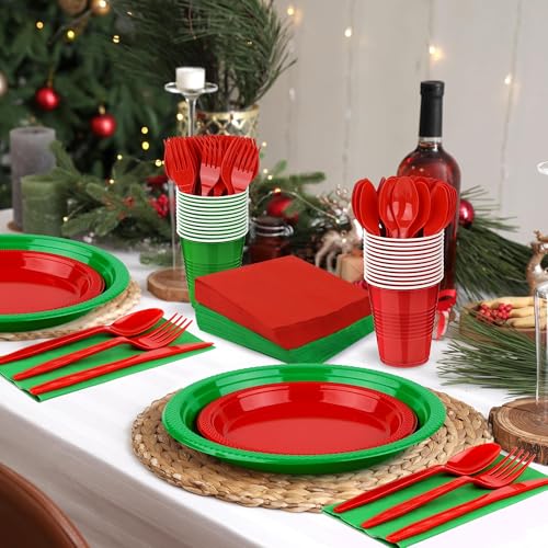 Christmas Party Disposable Dinnerware Set 400 Pieces Red & Green Includes Plates Cups Cutlery Napkins for Festive Events - Red, Green