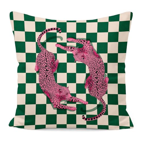 White-Leopard Trendy 18x18 Pillow Cover - Pink Leopard Checkered Decor