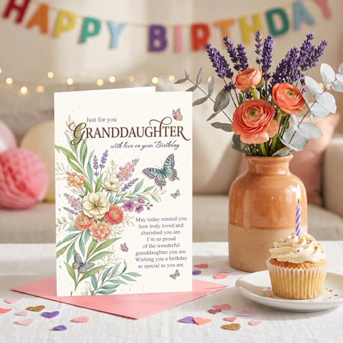 Granddaughter Birthday Card from Grandma & Grandpa - Floral Butterfly Design, 8x5.3 Inches with Envelope & Seal, Heartfelt Gift