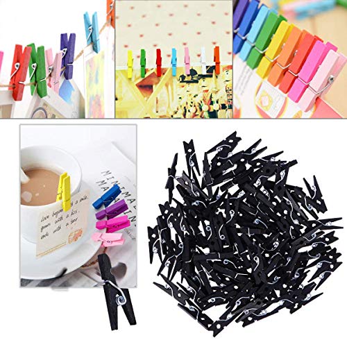 Black Wooden Clothes Pins - 100pcs Mini Clothespins with Jute Twine