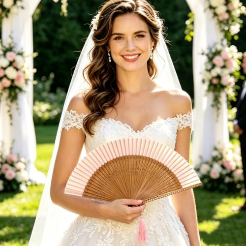 Orange Hand Held Fan for Women - Japanese Bamboo Silk Design