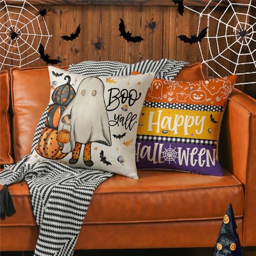 Modovos Halloween Throw Pillow Covers 18x18, Set of 4, Ghost & Pumpkin