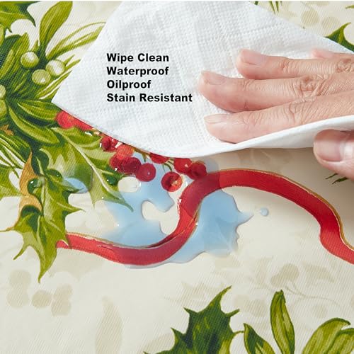 Newbridge Holly Traditions Christmas Vinyl Tablecloth 70x52 Inches - Rectangular Holiday Decor