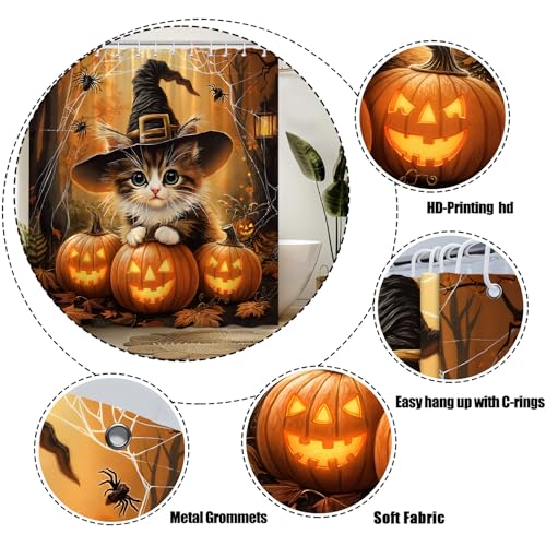Halloween Cat Shower Curtain - 70x70 Inch Pumpkin Design
