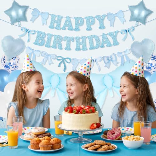 Blue Bow Birthday Party Decorations Set with Balloons & Banner