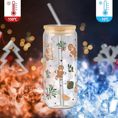 Joeyan Christmas Glass Cups with Lids & Straws - Gingerbread Man Tumbler, 20oz, Style 13