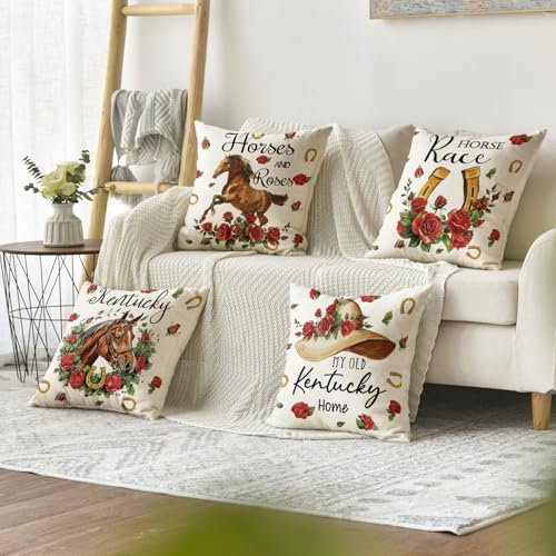 Kentucky Horse Race Throw Pillow Covers 18x18, Set of 4, Indoor Outdoor