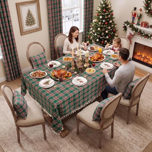 Christmas Plaid Tassel Tablecloth - Green 55 x 70 Inches - Softalker