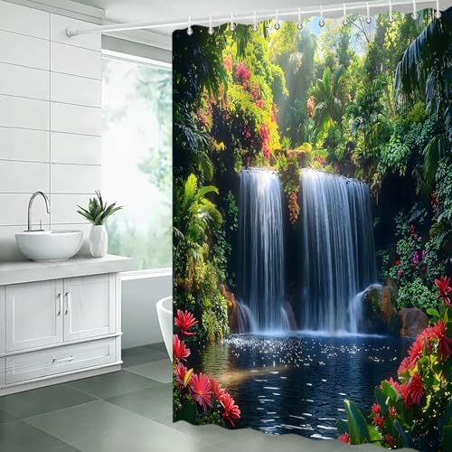 Forest Waterfall Shower Curtain, 70x70 Inch Polyester with Hooks