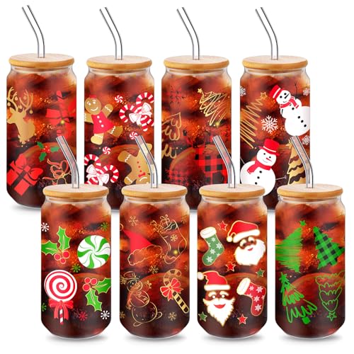 Christmas Snowman Glass Mason Jar Cups 18oz with Lids & Straws - Set of 8