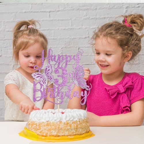 3D Butterfly Cake Topper for 3rd Birthday Party - Purple Glitter