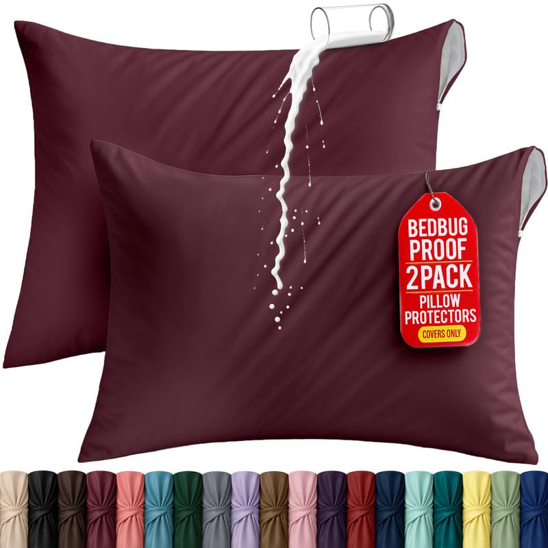 Utopia Bedding King Size Pillow Protectors Set of 2 Burgundy Zippered Waterproof Bed Bug Dust Mite Proof
