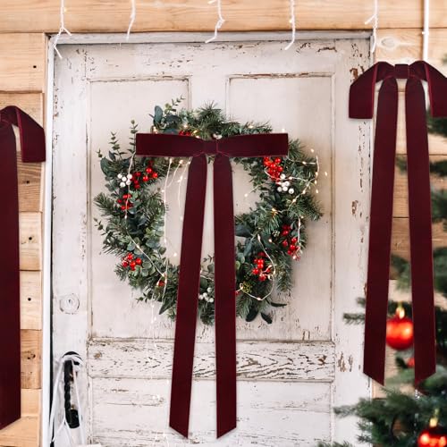 Christmas Velvet Wreath Bows 8 Pcs Large Burgundy 24x12 Inch Rustic Holiday Decor