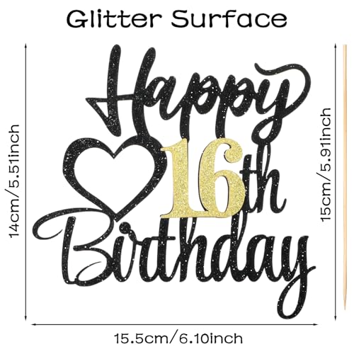 Black Glitter 16th Birthday Cake Topper - Happy 16th Decoration