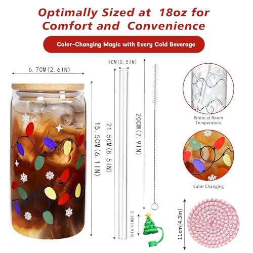 Color Changing Christmas Cup with Lids & Straws - 18oz Glass Holiday Drinkware - Variation: FL-CanGlass-Xmas