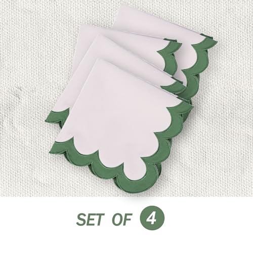 Beige with Green Trim Embroidered Cloth Napkins Set of 4 18x18 Inches