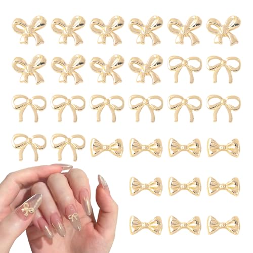 LUNARWHIRL 30 Pcs Metal Bow Nail Charms - 3D Golden Bowknot Gems