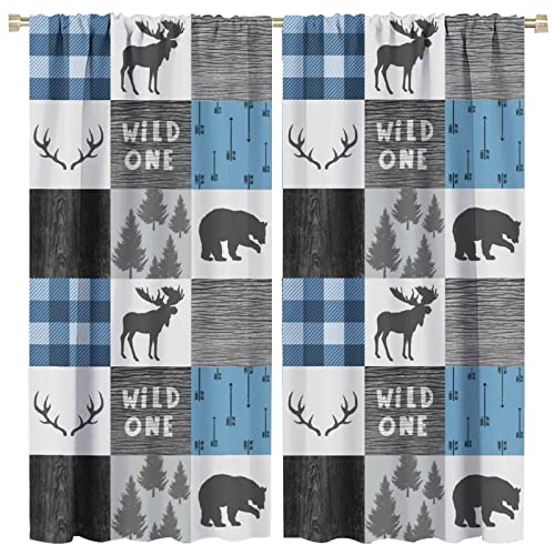 Moose Bear Bedroom Curtains - 26x84 Inch Pack of 2, Grey Blue Plaid Deer Silhouette Room Darkening Drapes, Holiday Christmas Decor