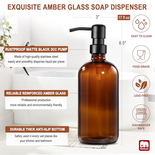 GMISUN 17oz Amber Glass Soap Dispenser with Black Rustproof Stainless Pump