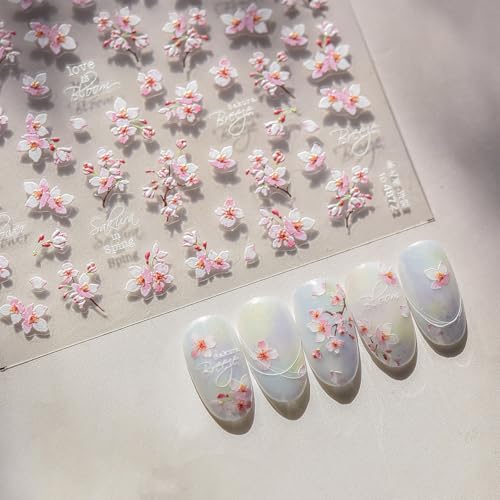 5D Embossed Cherry Blossom Nail Art Stickers Pink Floral Decals