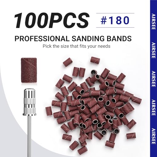 AIRSEE Nail Drill Sanding Bands 100-Piece Set 180 Grit Medium with Mandrel