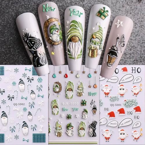 BELSITA 5D Embossed Christmas Nail Decals - Santa Snowflake Stickers (3 Sheets)