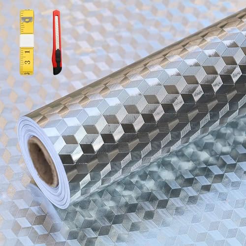 Soqool Aluminum Foil Kitchen Wallpaper, 3D Cube Silver, 15.7" x 118.1"