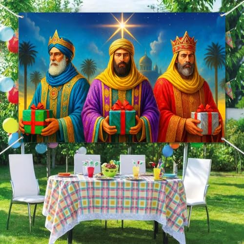 Christmas Nativity Banner 71x43 Inch Three Wise Men Holy Night Backdrop - Red-Green