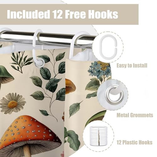 MASLEK Vintage Mushroom Floral Shower Curtain, 72x72 Inch Beige Botanical